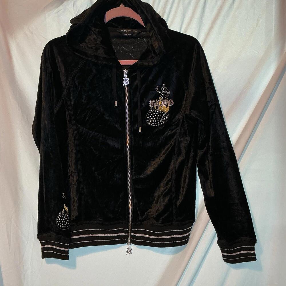Y2K BCBGMAXAZRIA Black Velour Full Zip Hooded Jacket Women’s L 90’s